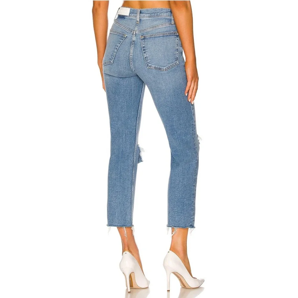 $304 RE/DONE Destroyed Dawn‎ Stove Pipe 70's Crop Straight Leg Denim Jeans SZ 25